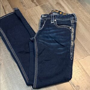 Rock Revival Dark Blue Boot Cut Jeans with Contrast Stitching